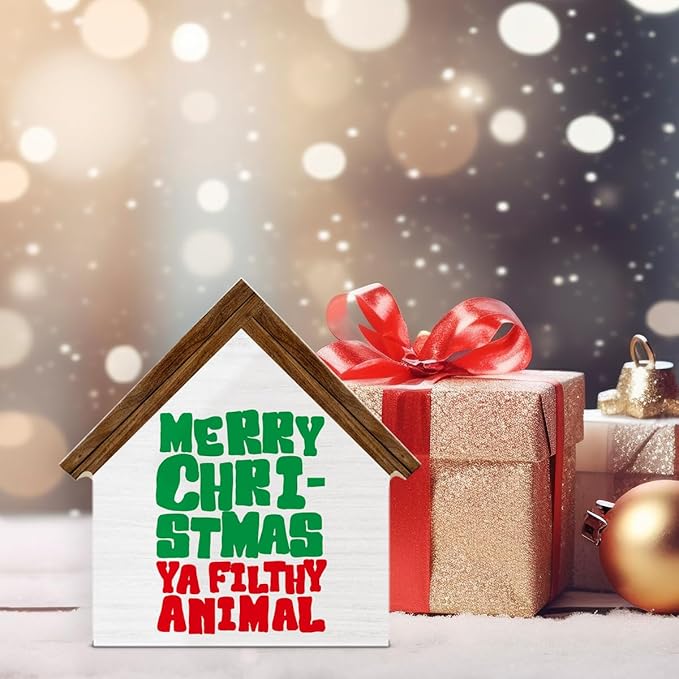 Funny Christmas Decor, Merry Christmas Ya Filthy Animal House Shaped Wood Sign, Xmas Decorations for Farmhouse Home Office