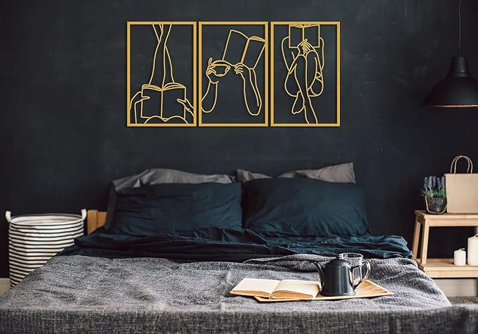 Set of 3 Bookish Metal One Line Art, Woman Reading Book, Minimal Artwork, Feminine Art, Aesthetic Room Decor, Book Lover Art, Above Bed Decor, Home Decor (Gold, 19.7 x 40.2” / 50 x 102 cm (total size))