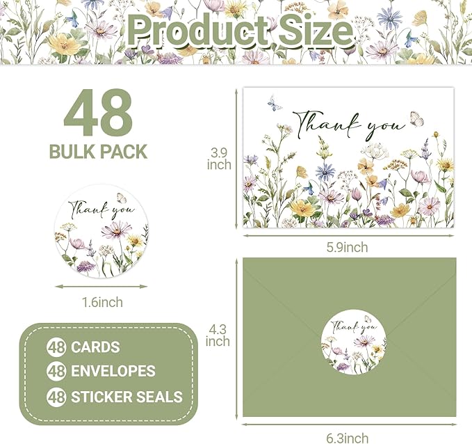 48 Pack Floral Thank You Cards With Envelopes,Watercolor Wildflower Thank You Cards for Baby Shower,Thanksgiving,Teachers,Birthday Greeting Cards