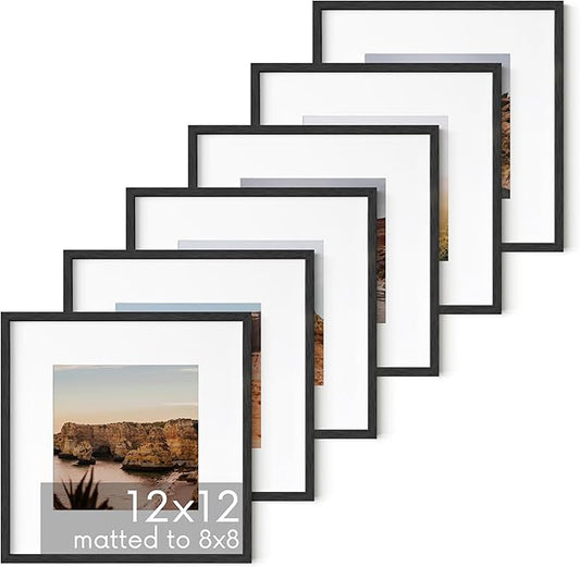 HAUS AND HUES Solid Oak Wood 12”x12” Picture Frames Matted to 8”x8” Set of 6-12 by 12 Frames Square, 12x12 Square Black Frames for Gallery Wall, 12x12 Frame with Mat, 12 x 12 Frames