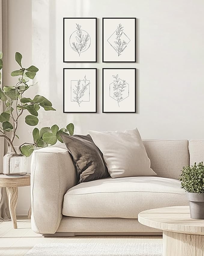 Drsoum Botanical Flower Boho Framed Wall Art Wooded Minimalist Aesthetic Floral Prints Farmhouse Retro Plants Rustic Bathroom Kitchen Home Decor Ready to Hang 11x14inx4pcs (Black Framed)