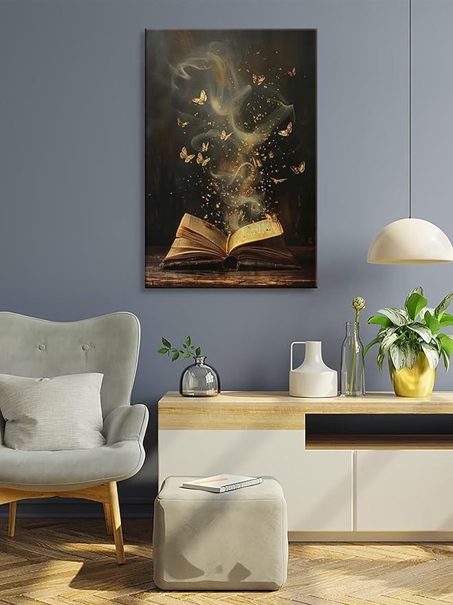 Whimsical Enchanted Open Book Wall Art Vintage Golden Butterflies Aesthetic Poster Print Funny Mystical Smoke Canvas Picture Decor for Office Bedroom Living Room Apartment 16x24inch Unframed