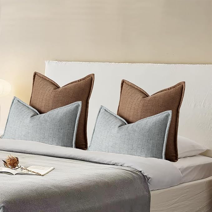 20x20 Linen Pillow Covers Brown Pack of 2 Farmhouse Boho Neutral Accents Striped Textured Square Decorative Throw Pillow Cases for Living Room Couch Bed Home Decor