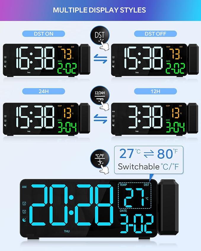 Projection Alarm Clocks, RGB Desk Clock with 180° Rotatable Projector 15 Color Display, Date Temperature and Weekday, DST, Snooze, Ambient Lighting for Living Room,Bedroom Bedside Office Decor