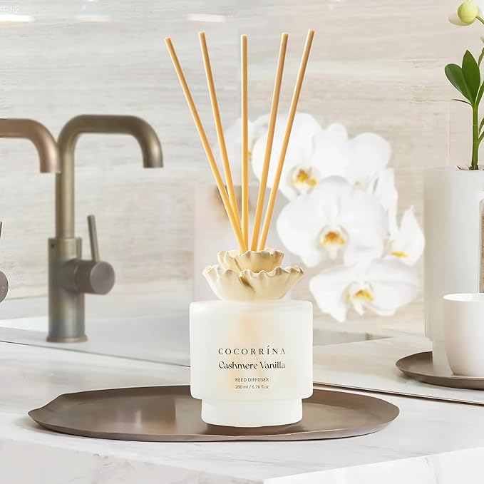 COCORRÍNA Gypsum Flower Reed Diffuser – Cashmere Vanilla Scent, 6.76 oz Oil with 8 Sticks,Long-Lasting Home Fragrance for Bathroom Décor