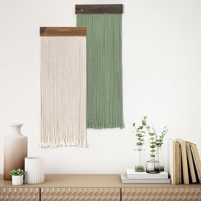 LB Beige Light Green Macrame Wall Hanging Set of 2, Boho Tapestry Wall Hanging Macrame Wall Art Handmade Yarn Woven Wall Art Modern Home Decor Headboard Wall Decor for Bedroom Living Room, 12x31 Inch