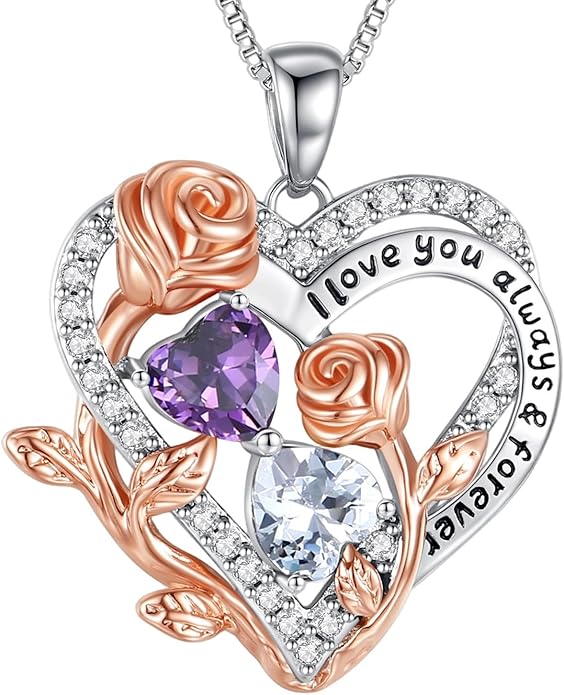 I Love You Birthstone Necklace, 925 Sterling Silver Heart Pendant with CZ Diamond Stones, Birthday Gifts for Women, Romantic Gift for Wife, Girlfriend, Her, Anniversary, Valentine's Day, Christmas