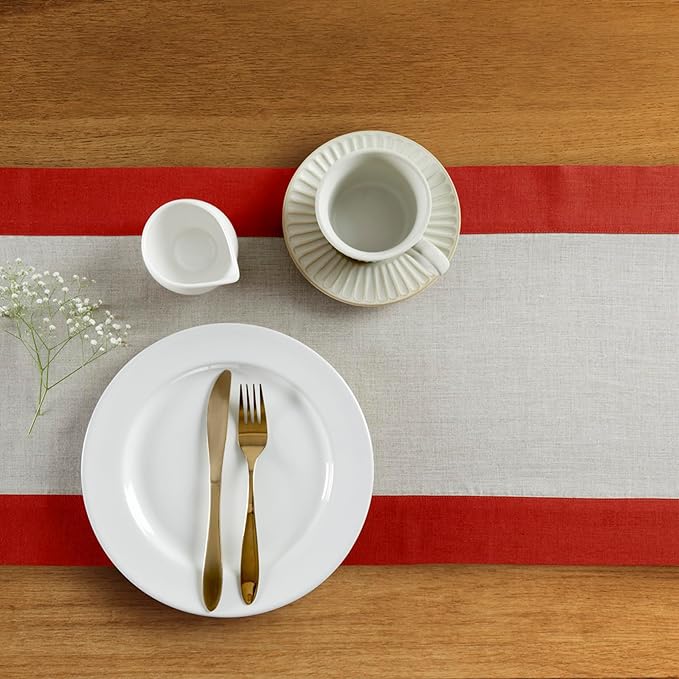 Solino Home Linen Table Runner 48 Inches - 100% Pure Linen Red and Natural Small Table Runner 14 x 48 Inch Ideal for Dresser and Coffee Tables - Valentines, Winter - Contempo