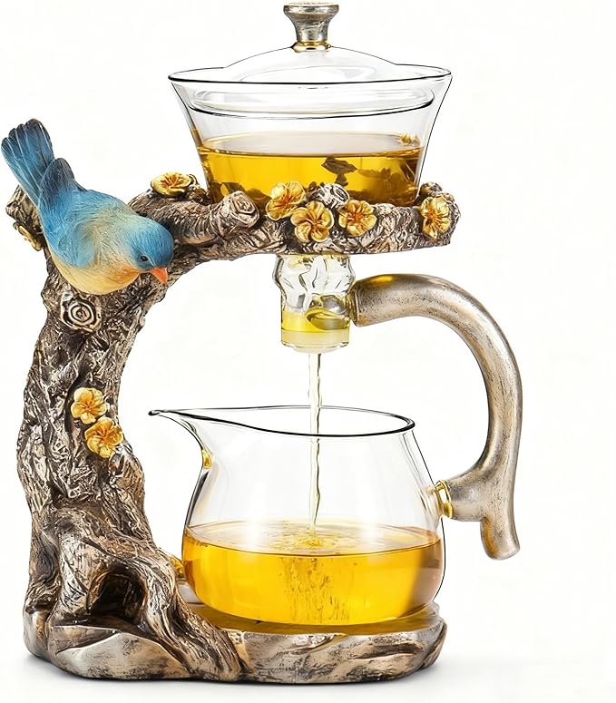 Lazy Kungfu Glass Tea Set Heat Resistant Semi Automatic Drip Rotating with Infuser Magnetic Teapot Set for Gongfu Tea Making Ideal (Blue Bird)