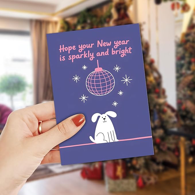 (5.3x8in) Hope Your New Year Is Sparkly and Bright Card with Envelope, Cute Dog and Disco Ball Design, Fun New Year Greeting for Friends, Family, Coworkers, and Pet Lovers (Xmas 30)