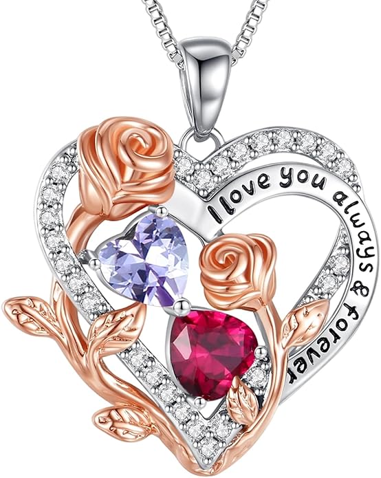 I Love You Birthstone Necklace, 925 Sterling Silver Heart Pendant with CZ Diamond Stones, Birthday Gifts for Women, Romantic Gift for Wife, Girlfriend, Her, Anniversary, Valentine's Day, Christmas