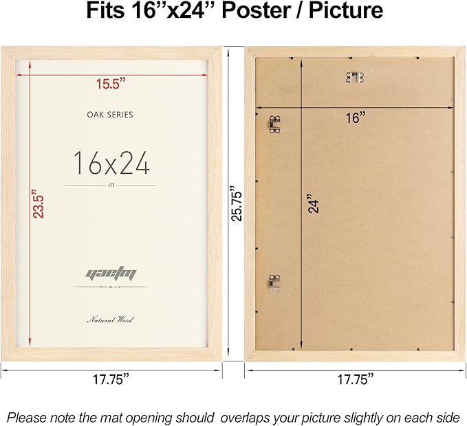 Yaetm Oak Wood 16x24 Frame Set of 3, Wide Molding, Natural Solid Wood Picture Frame 16x24 with Plexiglass for Wall Mount (3 pack, Oak)