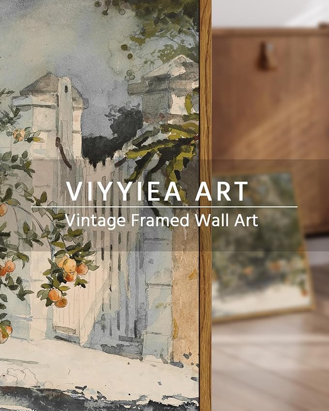 VIYYIEA Plant Large Framed Wall Art, Orange Trees and Gate Vintage Art Decor Room Aesthetic, 16X24 Inch Canvas Print Art, Farmhouse Still Life Painting Wall Decor for Bedroom Bathroom Office