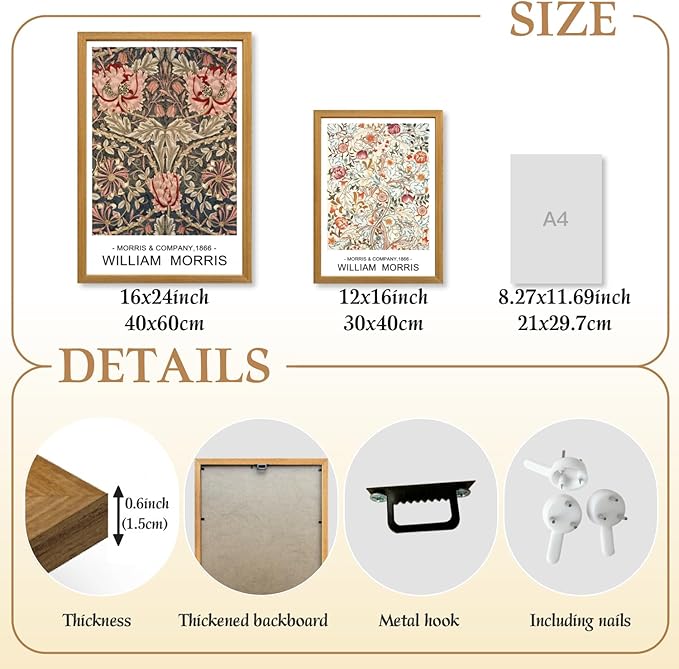 LLEEMPI William Morris Wall Art Set of 3, Vintage Botanical Wall Decor, Rustic Farmhouse Canvas Painting, Classic Minimalist Poster Prints for Bedroom Bathroom Office Wood Framed 16x24 Inch