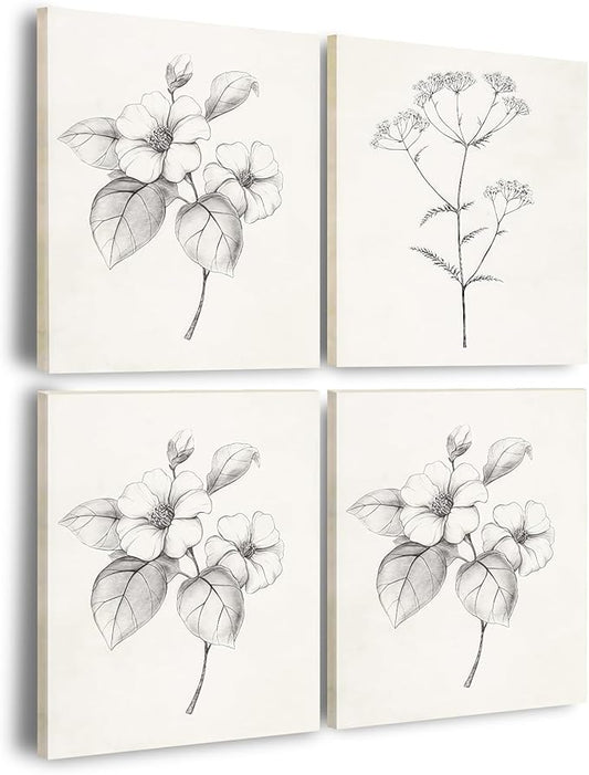 4pcs Framed Black and White Vintage Floral Sketch Wall Art Decor Canvas Print Wall Painting Picture Poster Minimalist Gallery Bedroom Living Room Office Decor Decoration 12x16 Inch Ready to Hang