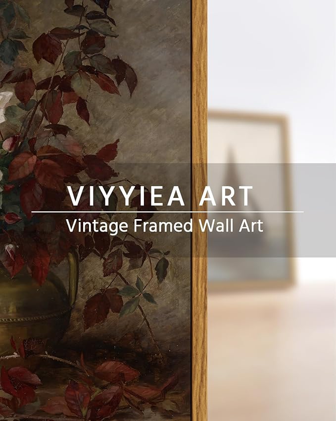 VIYYIEA Vintage Floral Framed Wall Art, Rose Bouquet Flower Paintings Decor Aesthetic, Canvas Print Artwork, Still Life Retro Wall Pictures for Bedroom Living Room, 8x10 Inch