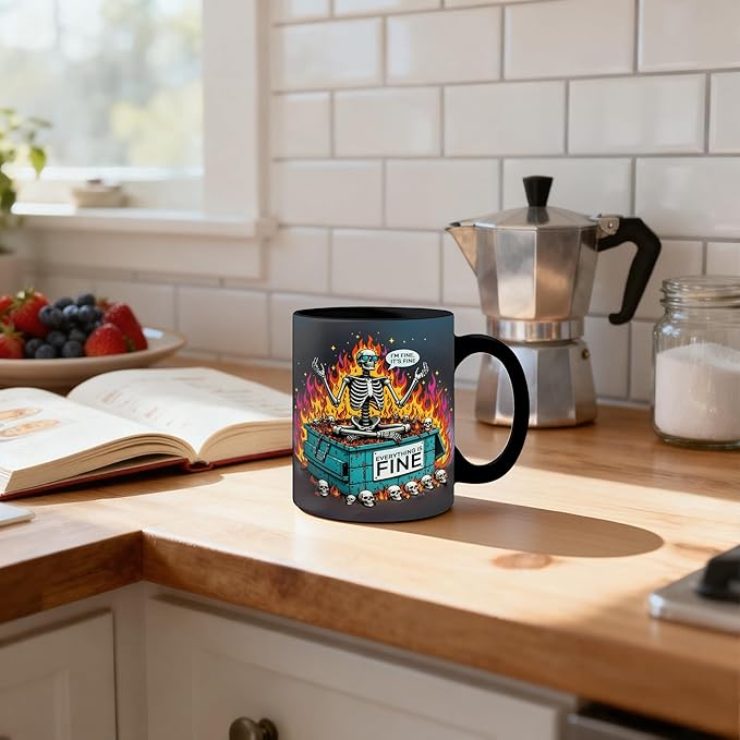 Funny Gothic Skeleton Mug 11 oz, Inspirational Gifts for Coworkers Coffee Cups Ceramic, Everything is Fine Motivational Ceramic Mug for Coffee Tea Hot Cocoa Home Office Work