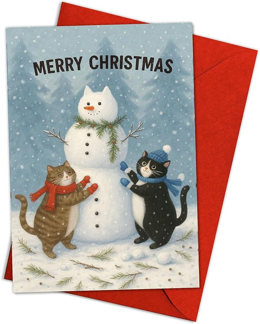 (5.3x8in) Merry Christmas Card with Envelope, Cute Cats Building Snowman Illustration, Cozy Winter Holiday Greeting for Friends, Family, Cat Lovers, and Animal Enthusiasts (Xmas 31)