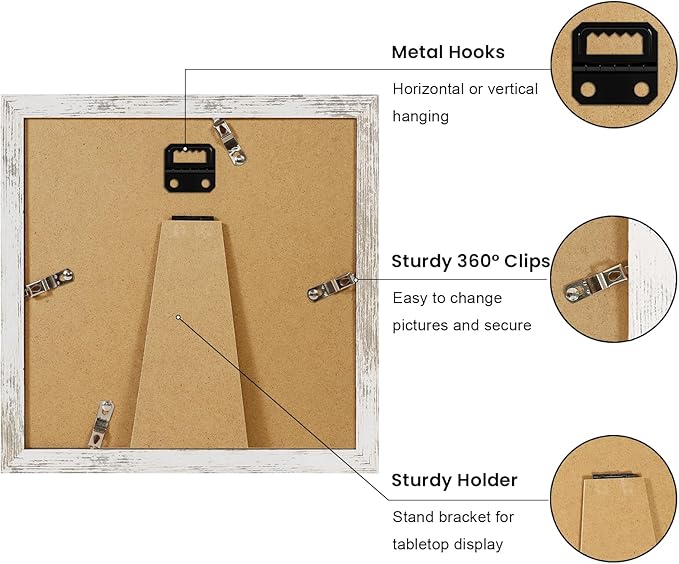8x8 Picture Frame Set of 9, Photo Gallery Wall Frame Set, Display Pictures 4x4 with Mat or 8 x 8 Without Mat, Square Frame Picture Frames Collage Wall decor, Distressed White