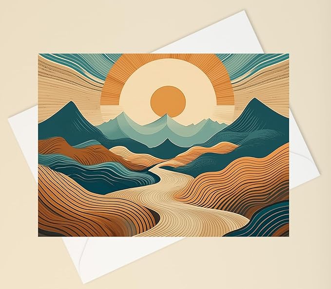 Abstract Southwestern Landscape Greeting Cards - Set of 10 All Occasion 5 x 7 Note Cards with Envelopes. Blank Inside. Modern Watercolor Designs of Desert, River and Mountains with Setting Sun