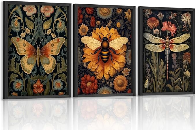 3 PCS William Morris Canvas Wall Art for Home Decor Bee Dragonfly Butterfly Painting Poster William Morris Botanical Insects Pictures Prints Wall Decor for Living Room Bedroom Home Decorations 16×24 in(Poster No Frame)