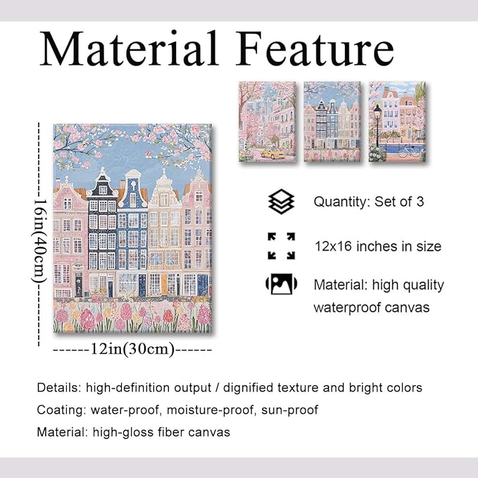 XLARTMY Watercolor City Landscape Travel Wall Art Canvas Framed Pink Cherry Flower Poster Girly Prints Painting Pictures Set of 3 for Bedroom Living Room Office 12x16in