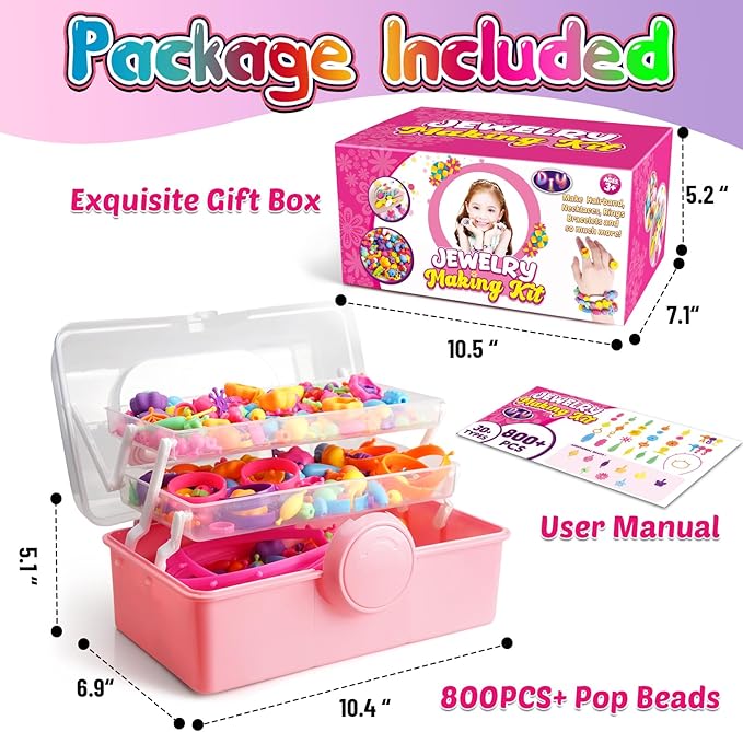 FUNZBO 850pcs Pop Beads - Jewelry Making Kit for 3 4 5 6 7 8 Year Old Little Girls, Arts and Crafts Toys for Kids, Necklace Bracelet Ring Hairband Creativity Snap Set Holidays Christmas Birthday Gifts