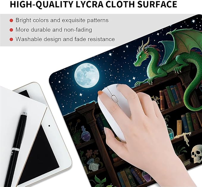Square Mouse Pad Bookshelf Dragon, Personalized Premium-Textured Custom Mouse Mat Design, Washable Mousepad Cloth, Non-Slip Rubber Base Computer Mouse Pads for Wireless Mouse