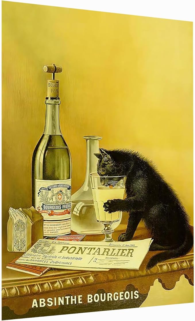 Black Cat Wall Art, Absinthe Print, Vintage Cat Alcohol Poster,Bar Wall Decor, Beverage Print Art, Large Art,Vintage Art For Bar,Vintage Bar Painting Print,Bar Cart Decor12x16Unframed