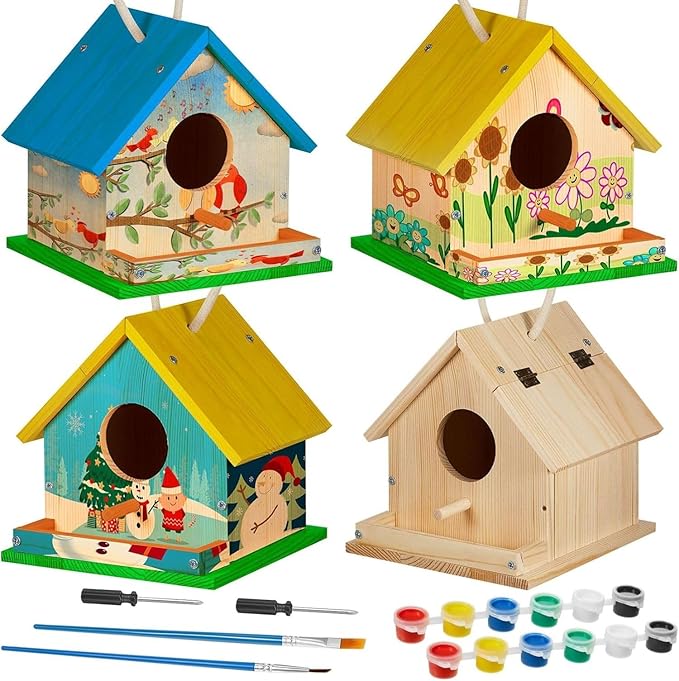 Liliful 4 Sets Wooden DIY Birdhouse Kit Unfinished Bird Houses with Paints and Paintbrushes Bird Feeder Craft Arts for Boy or Girl Classroom Activity and Christmas Kids Wooden Craft Gifts