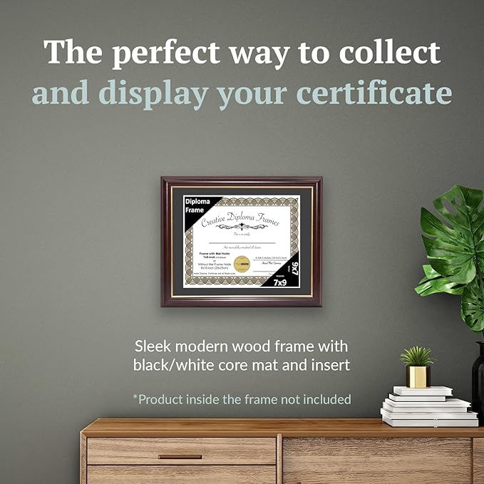 Creative Picture Frames 7x9 Mahogany Gold Rim Diploma Frame with Black Mat Glass Easel and Installed Wall Hangers | Frame Holds 8x10 Media without Mat