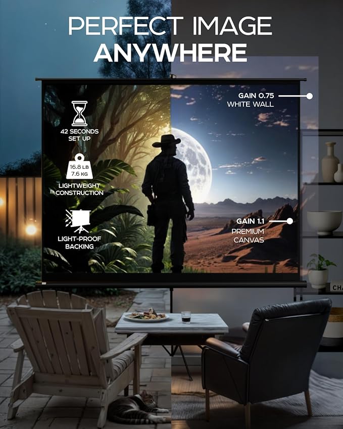 PropVue Projector Screen with Stand 100 inch - Indoor and Outdoor Projection Screen for Movie or Office Presentation - Adjustable from 16:9 to 4:3 HD Premium Wrinkle-Free Tripod Screen