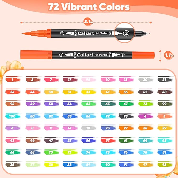 Caliart 72 Colors Double Tip Brush Pens Art Markers, Artist Fine & Brush Pen Coloring Markers for Adult Book Cards Drawing Craft Kit Teacher Office Supplies, Christmas Gifts for Teen Girls Boys