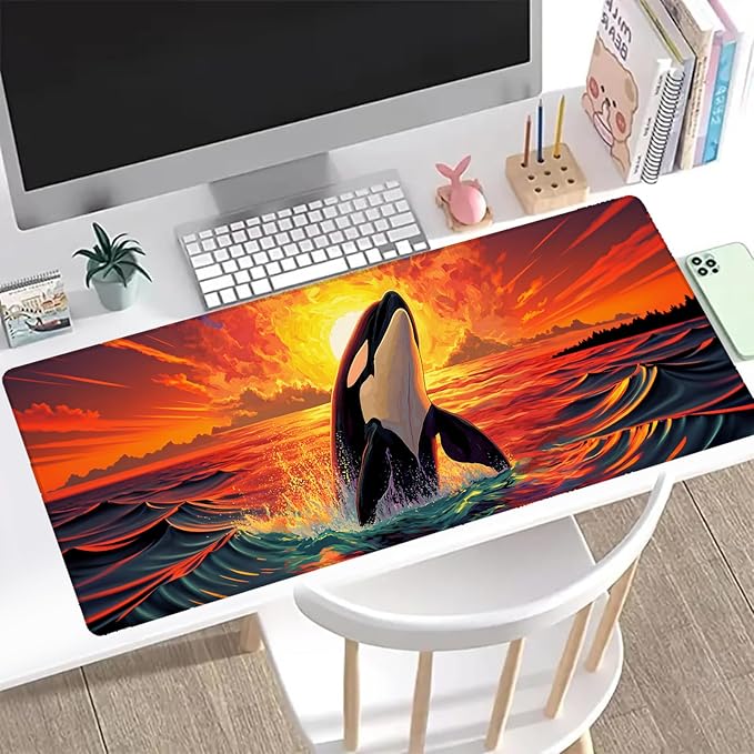 Orca Gaming Mouse Pad, Office Desk Mat, Anti-Slip Rubber Base Cool Aesthetic Mouse Pads for Computer Laptop Keyboard School Home Desktop Gamer Home Accessories Decor 31.5" x 11.8"