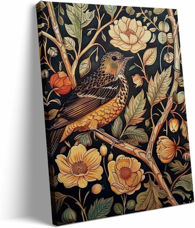 William Morris Wall Art,Dark Green William Morris Bird Print, Art Nouveau Wall Art,Floral Wall Decor,Botanical Pattern Print for Bedroom Living Room,Hallway,Home Office Decor 8x12in Frame wall art