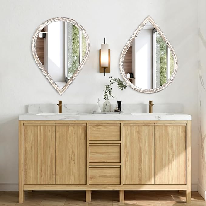 Teardrop Mirrors with Wood Frame Farmhouse Rustic White Wall Hanging Mirrors Large Decorative Mirror for Living Room Bathroom Entryway