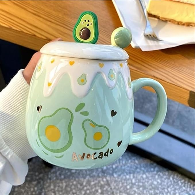 Coffee Mug Cups Ceramic Tea Cup Fruits Avocado Shaped Handmade Pottery Cute Mugs With Lid Spoon Handle Office Home Hot Ice Chocolate Milk Mugs Gifts Microwave Dishwasher Safe Travel Mugs (Green)