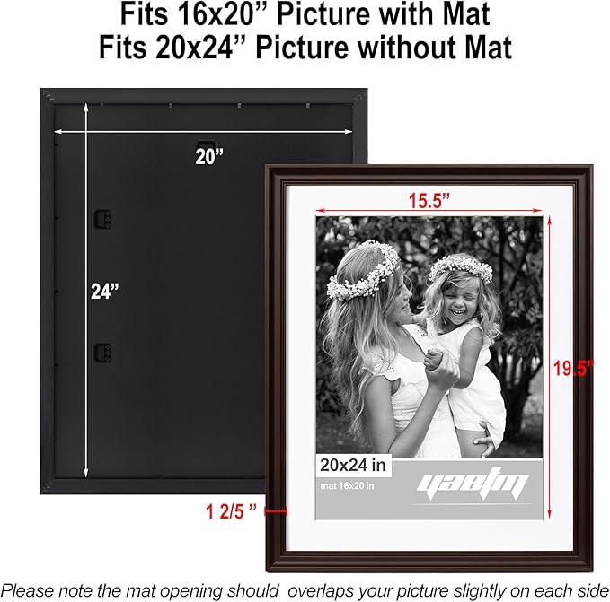 Yaetm 20x24 Picture Frame Matted to 16x20 Set of 2, 1.4" Wide Molding & Dark Brown Poster Frames for Wall Gallery, Home, Office, Wall Mount (2 pack, Brown)