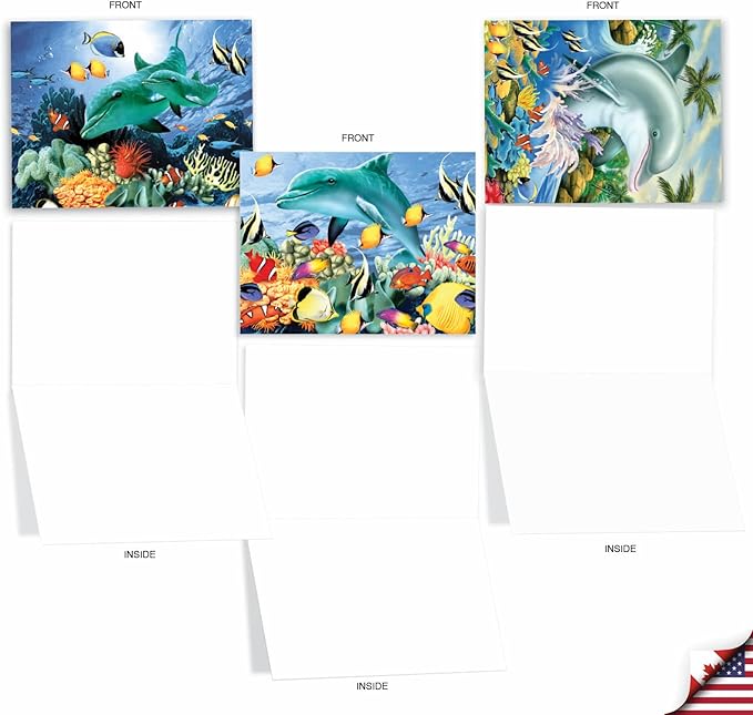 The Best Card Company - 10 All Occasion Blank Cards (4 x 5.12 Inch) - Nautical, Ocean, Sea Life Assortment of Notecards - Multi Porpoises M6643OCB