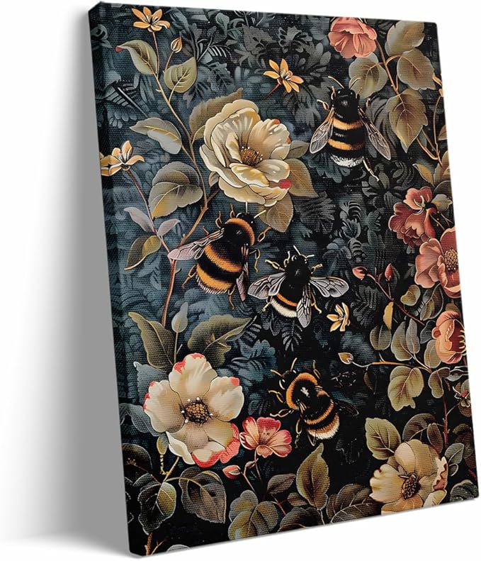 William Morris Wall Art Print or Canvas,Dark Academia Decor,Vintage Botanical Flower Wall Decor Bee Canvas Print Bee Animal Poster Vintage Farmhouse art 24x36in Large Frame Wall Art