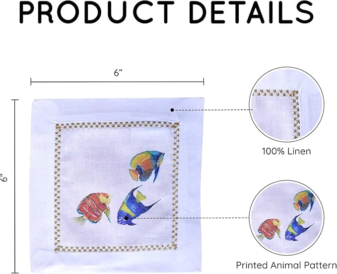 Cocktail Napkins Set of 6, 6x6 inch, 100% Pure Cotton, Printed Animal Pattern, Reusable & Washable Cloth Coasters for Beverages, Hosting, Gifting & Everyday Use (Blue Fish)