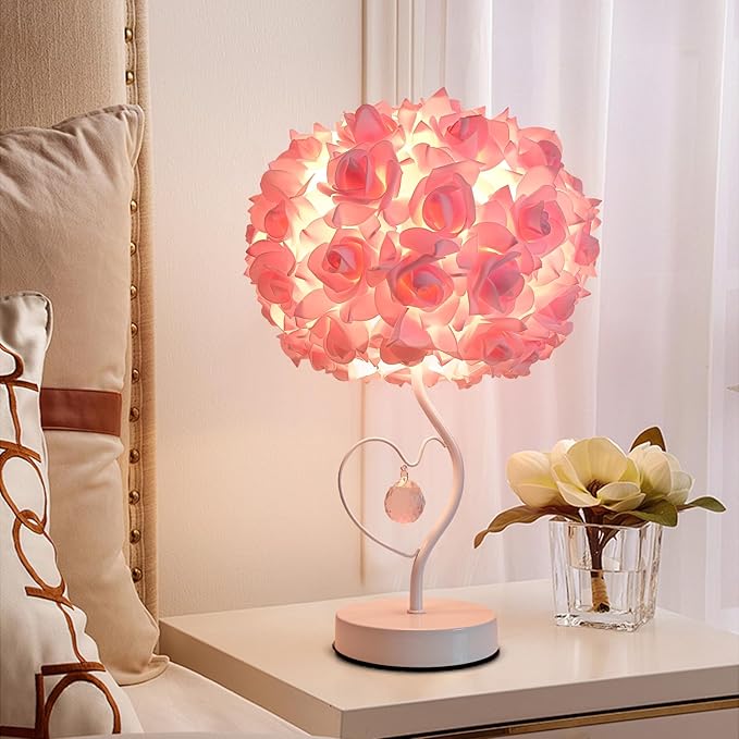 Pink Rose Flower Lamp Romantic Bedside lamp Princess Table Flower Lamp for Nightstand Desk Light for Bedroom Women Girl Dating Christmas Gift Party Wedding Decor Living Room Office