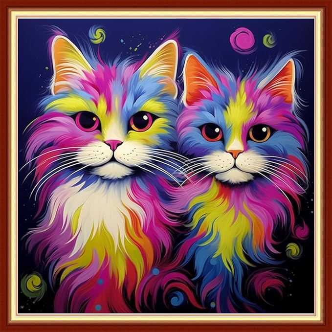 Joyhoor Stamped Cross Stitch Kits for Beginners, Needlepoint Kits for Adults, 11CT Counted Embroidery Kits-Colorful Cat 18x18 inchs