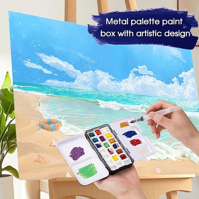 PEVART Empty Watercolor Paint Palette case,Metal Water Color Tin Box Palette with 50 Half Pans and Fold-Out Mixing Painting Tray-Portable Travel Watercolor Palette, Plain Air Painting
