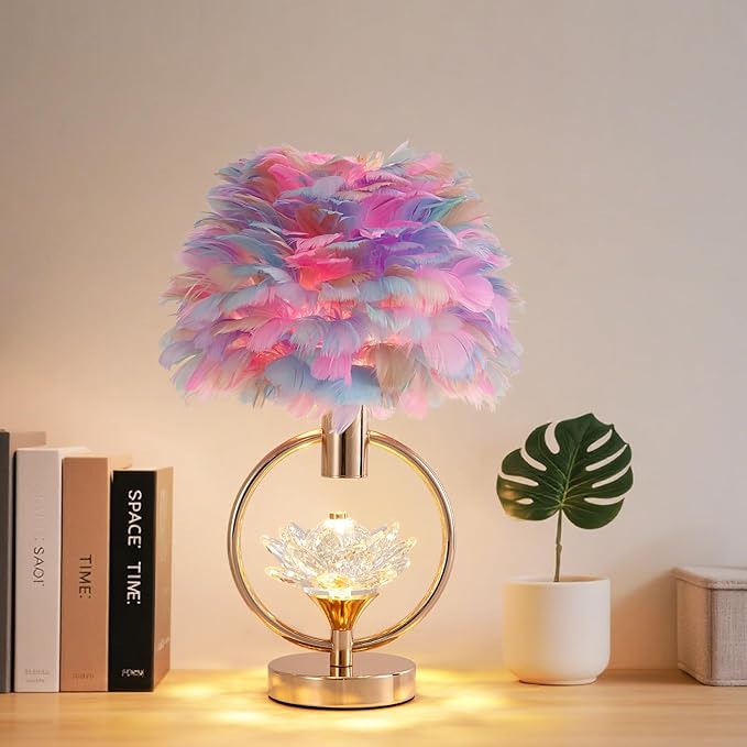 Colorful Feather Lamp 17IN Unique Fluffy Table Lamp Crystal Feather Bedside Nightstand Lamp Nordic Desk Light for Girl Bedroom Wedding Christmas Gift Deco Living Room Entry Office