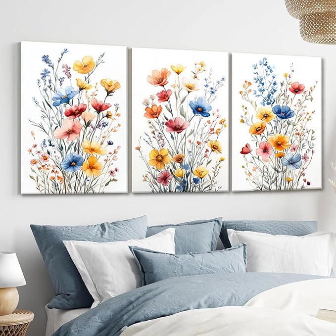 okudolit Colorful Wildflower Framed Canvas Wall Art Set Of 3 Flowers Pictures Prints Flowers Printing Floral Watercolors Flower wall Decor Living Room Bedroom Dinning Room Farmhouse Office-16 x24in