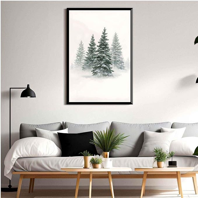 Framed Canvas Wall Art Snowy Evergreen Trees Print Winter Forest Wall Art Christmas Watercolour Painting Winter landscape Snowy Pine tree poster 20x30in Metal blackFramed