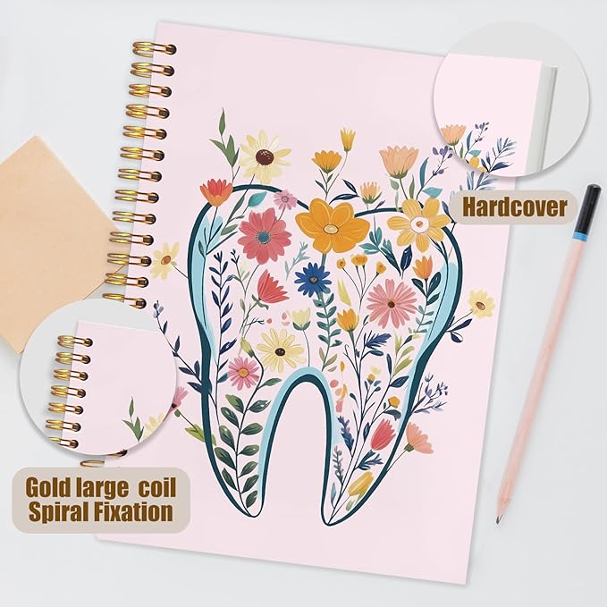 WUCHJ Dentist Gifts Notebook Journal, Dental Assistant Office Gifts for Women, Pink Floral Tooth Dental Spiral Notebook Journal for Note Taking, Dentist Office Supplies, 5.5x8.3 Inch