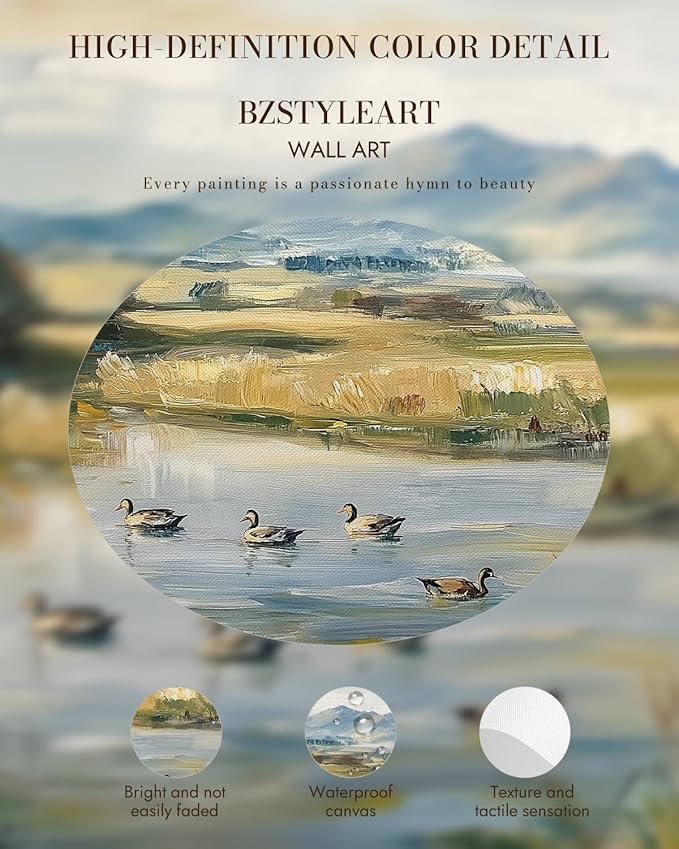 Bzstyleart Vintage Wall Art Decor for Living Room,Gold Framed Canvas Wall Art Home Decor Aesthetic,Ducks Pond Landscape Prints,Canvas Picture Print Artwork,12 x 16 Inch