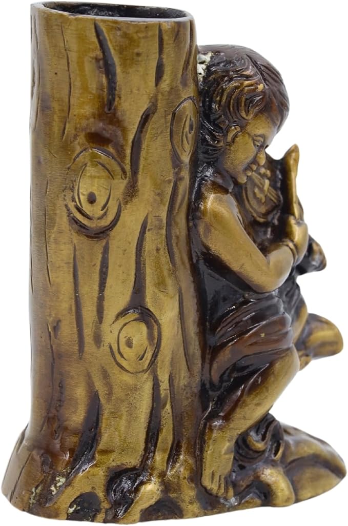 NATRIEL Vintage Brass Pen Holder with Reading Boy Design, Decorative Tree Trunk Pencil Stand, Antique Gold Finish, 4.72x3.93 Inches